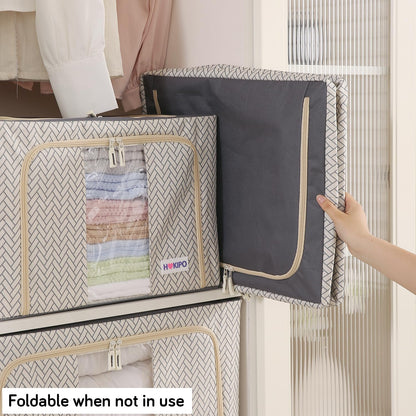 Wardrobe Organizer Storage Box | Foldable Cloth Storage Boxes with Metal Frame & Window | 600D Oxford Fabric, Cream Mist