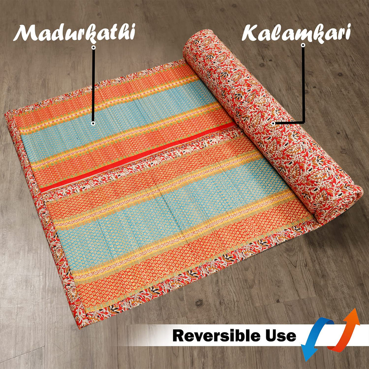Red Reversible Madurkathi mat with Kalamkari design, eco-friendly handcrafted floor mat with foam.