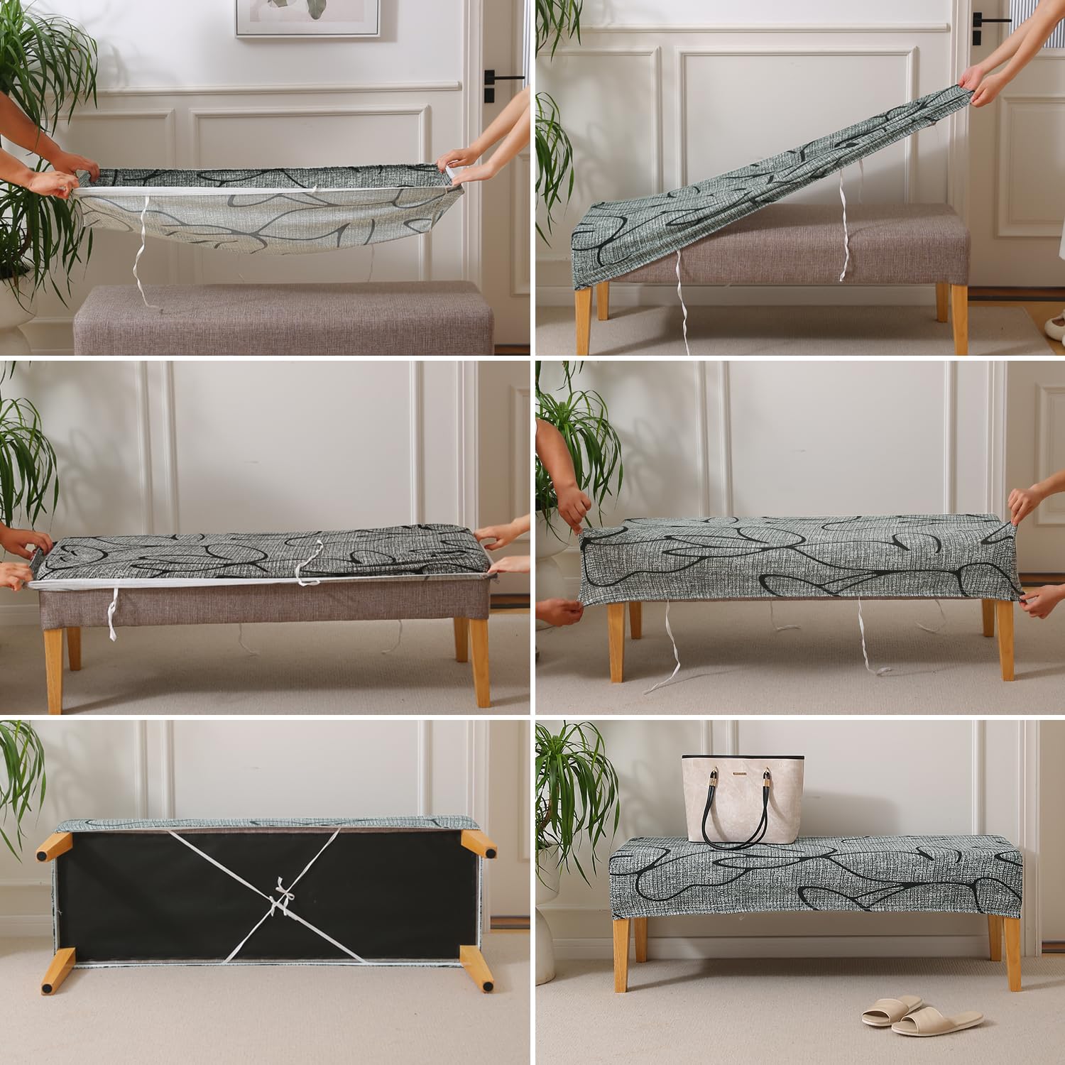 Elastic Printed Dining Bench Stretchable Slipcover, Intense Grey Abstract Floral