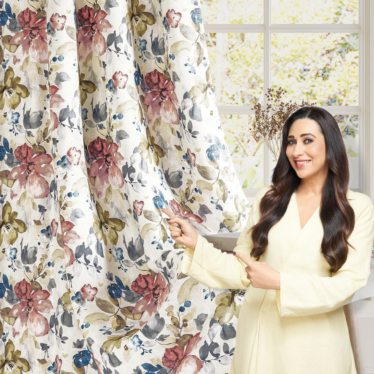 HOKIPO Bloomscape Eyelet Curtains, 7 Feet Long - Ivory Bloom