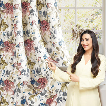 HOKIPO Bloomscape Eyelet Curtains, 7 Feet Long - Ivory Bloom
