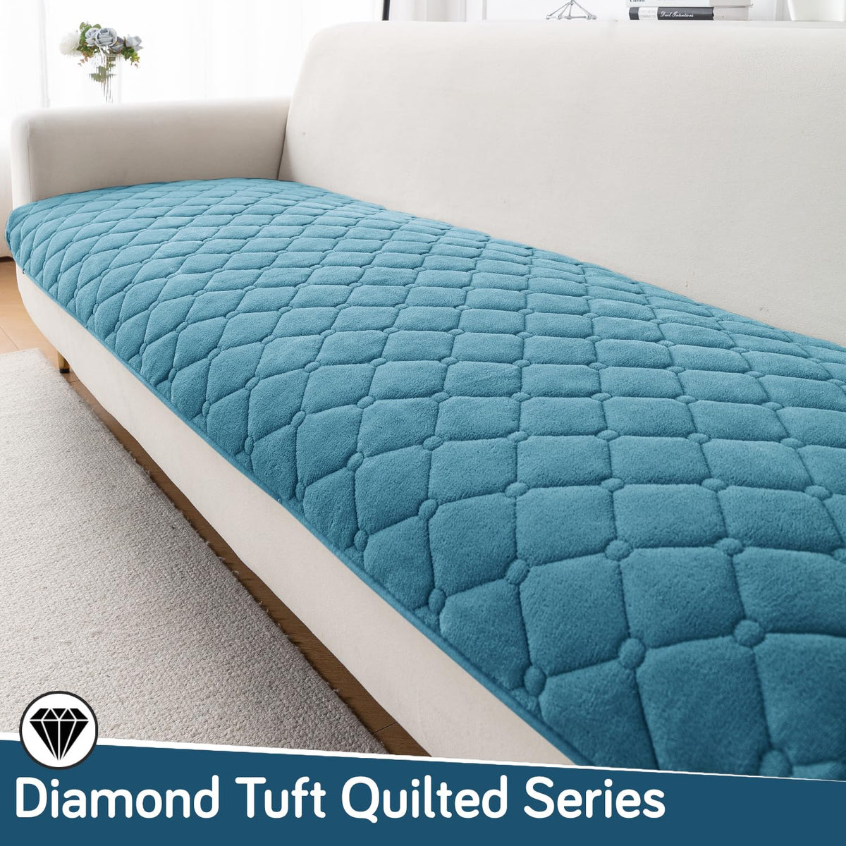 Diamond Tuft Quilted 5-Seater Sofa Mat (3+1+1), Anti-Slip, Dusty Teal