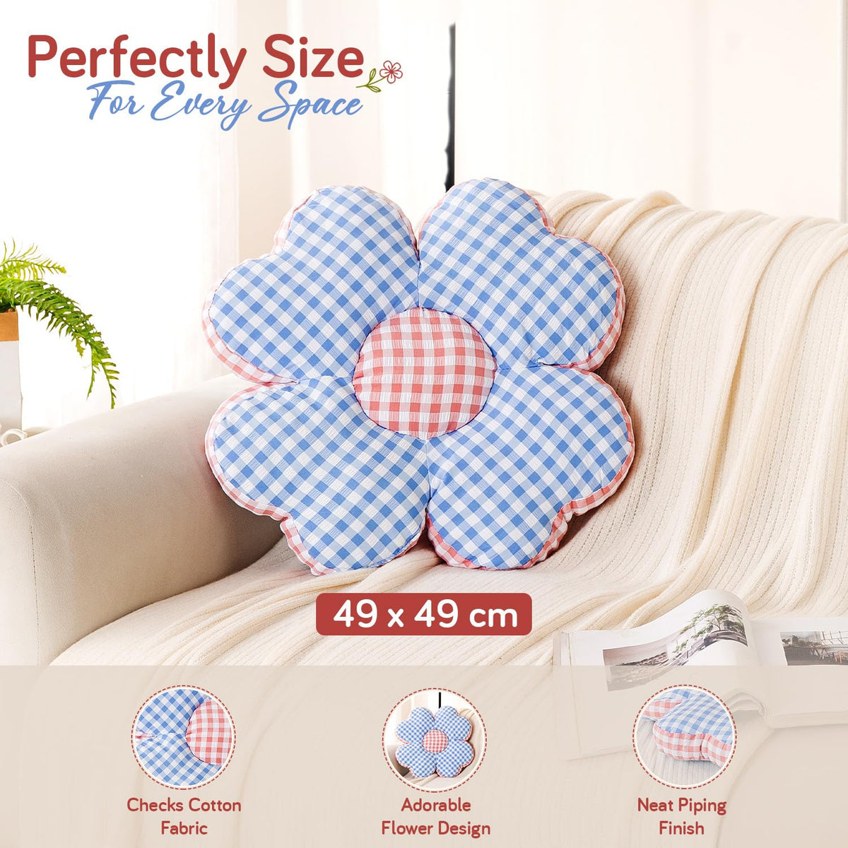 HOKIPO Checkered Daisy Flower Cushion for Sofa & Bed, 49 cm, Blue