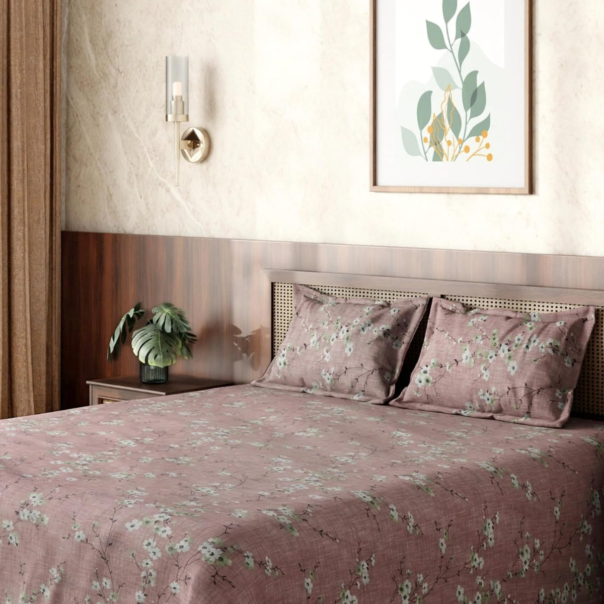 HOKIPO King Size Cotton Bedsheet, 2 Pillow Covers, Floral, Antique Rose - image 1