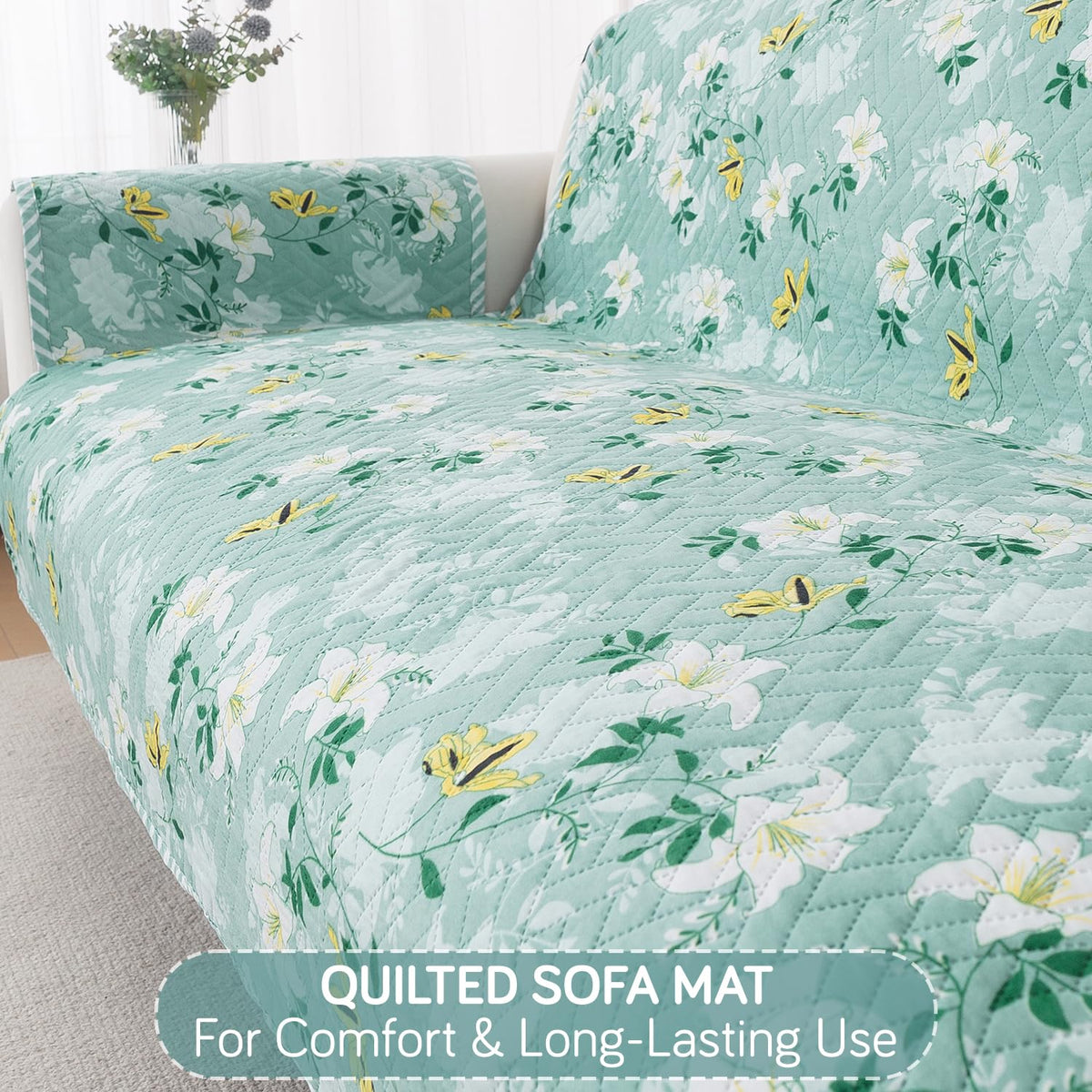 Easy Drape Reversible Quilted 5-Seater Sofa Cover (3+1+1), Fresh Meadow