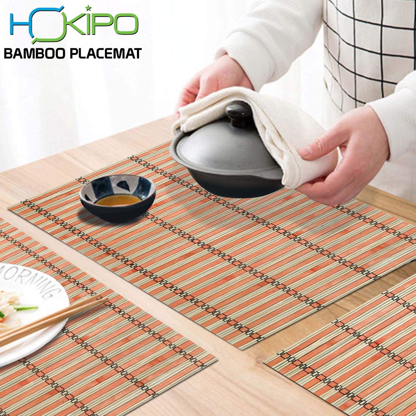 Reversible Bamboo Placemats for Dining Table Set of 4 Table Mats, 45 x 30 cm,