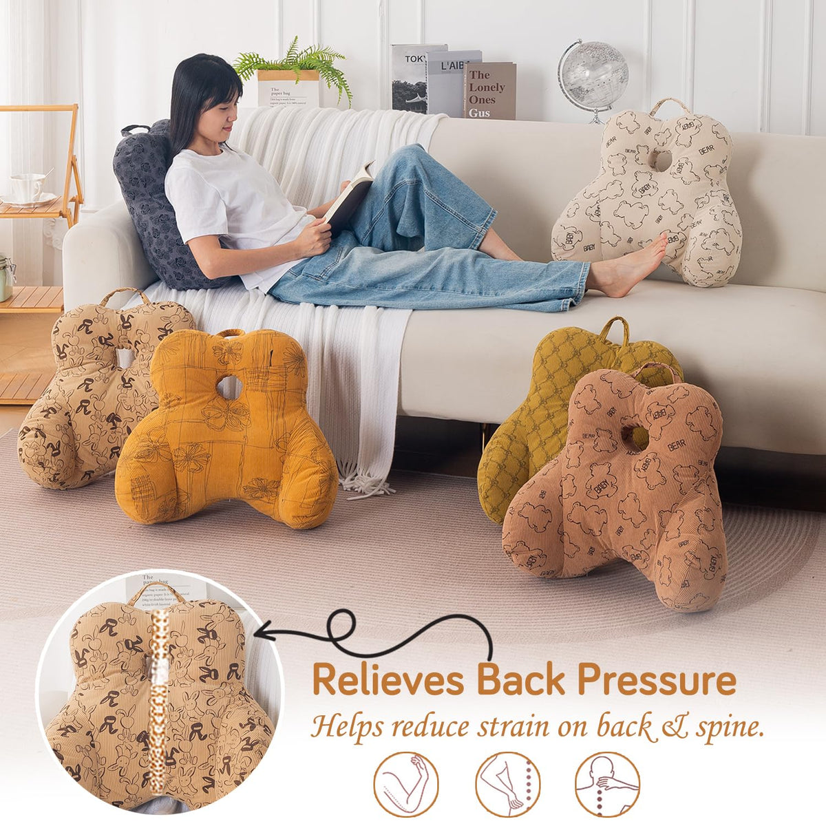 HOKIPO Teddy Lumbar Back Support Cushion for Chair, Sofa & Office, Beige