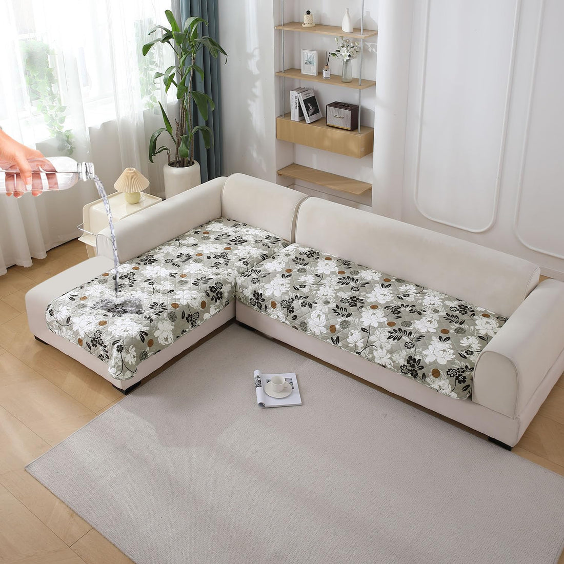 Buy Feather Brown Floral Print Waterproof L Shape Sofa Sofa Cover