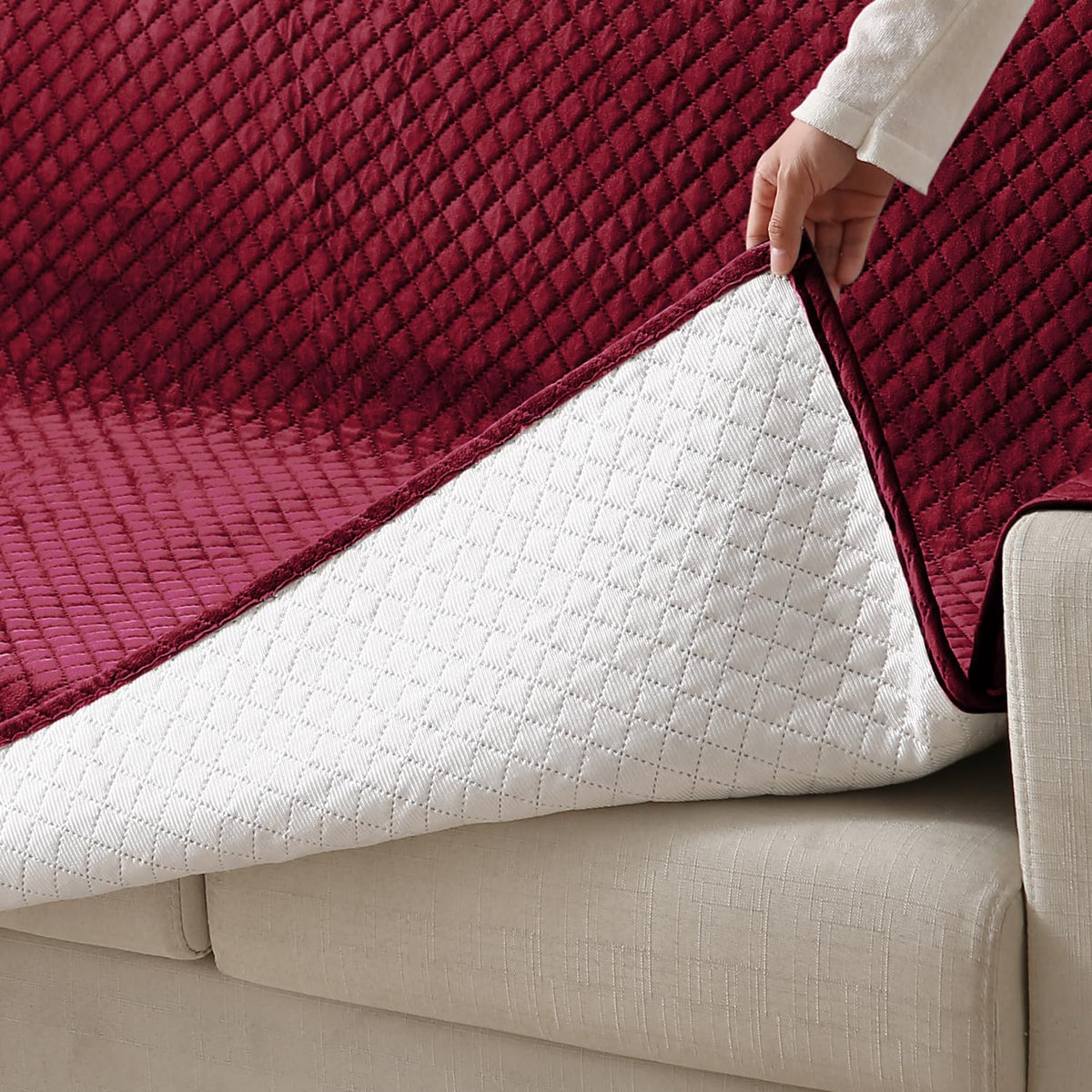 Quilted Velvet Sofa Cover Mat with Side Pockets, Pet Friendly, Sangria Red