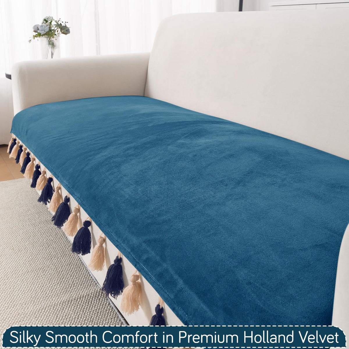 Premium Holland Velvet 5-Seater Sofa Cover (3+1+1), TasselTone Series | Sea Blue
