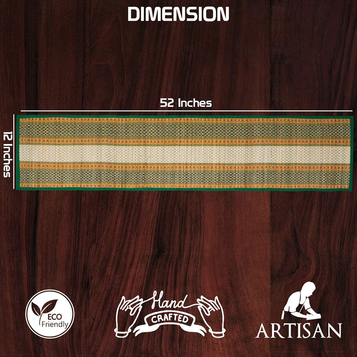 Buy Green Colour Natural Handmade Madurkathi Table Runners Sizes for 135 cm (W - 12 x L - 52 inches), 180 cm (W - 12 x L 72 inches) | HOKIPO