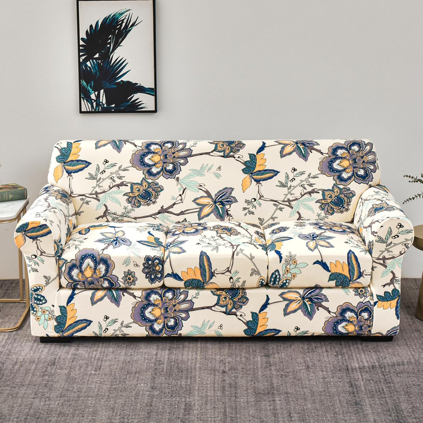 Printed Stretchable Sofa Slipcover with 1/2/3 Pc Separate Seat Cushion Cover for each 1/2/3 Seater, Cream Majestic Flora