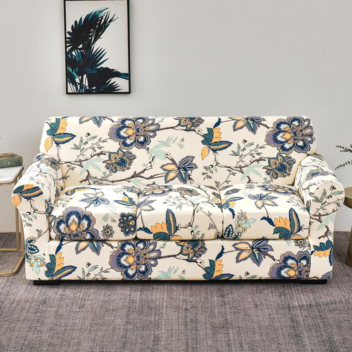 Printed Stretchable Sofa Slipcover with 1/2/3 Pc Separate Seat Cushion Cover for each 1/2/3 Seater, Cream Majestic Flora