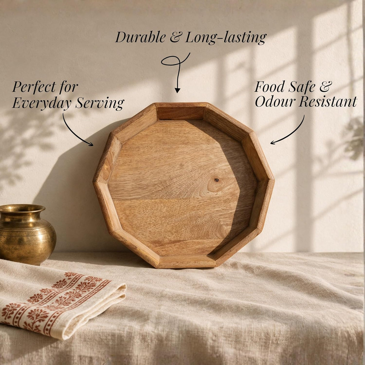HOKIPO Arbor Mango Wood 10 Sided Serving Tray with Raised Edge, 28 cm - image 4