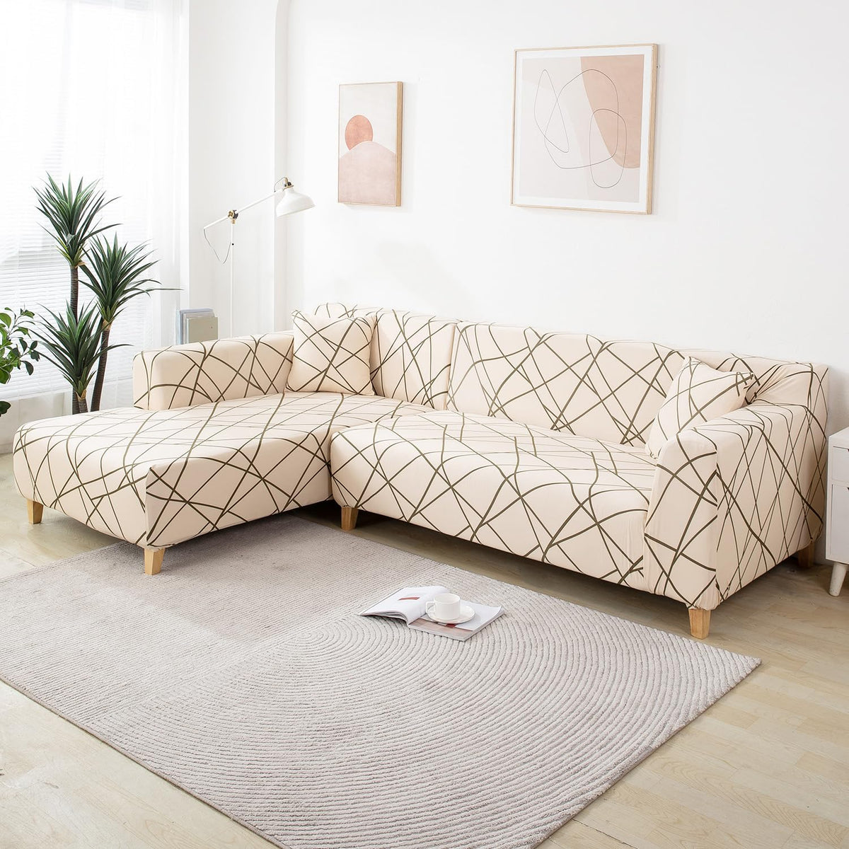 Beige Abstract Line print zippered square L shape sofa pillow covers