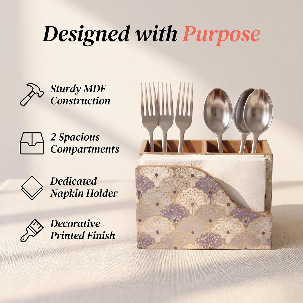 HOKIPO Cutlery Holder with Napkin Stand, Engineered Wood, Indigo Flora - image 2