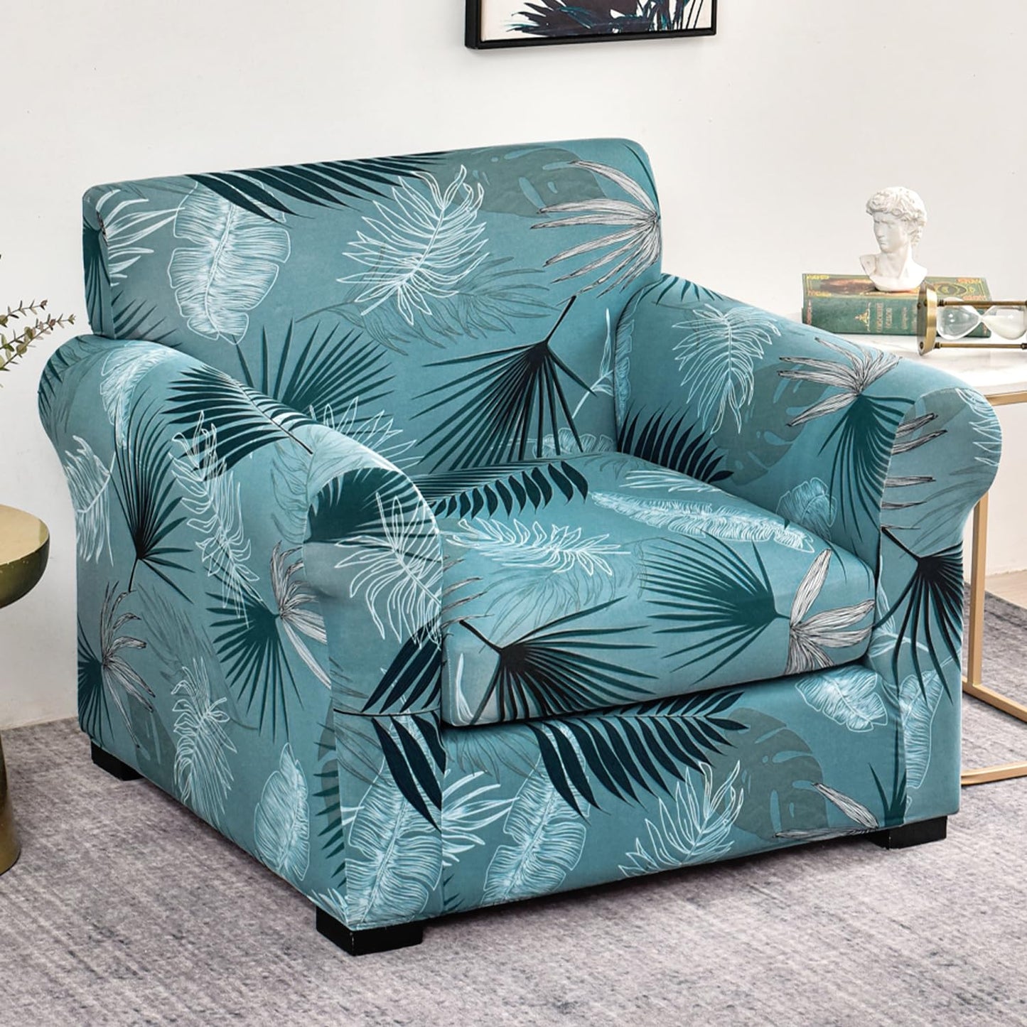 Printed Stretchable Sofa Slipcover with 1/2/3 Pc Separate Seat Cushion Cover for each 1/2/3 Seater, Aqua Palm Whisper