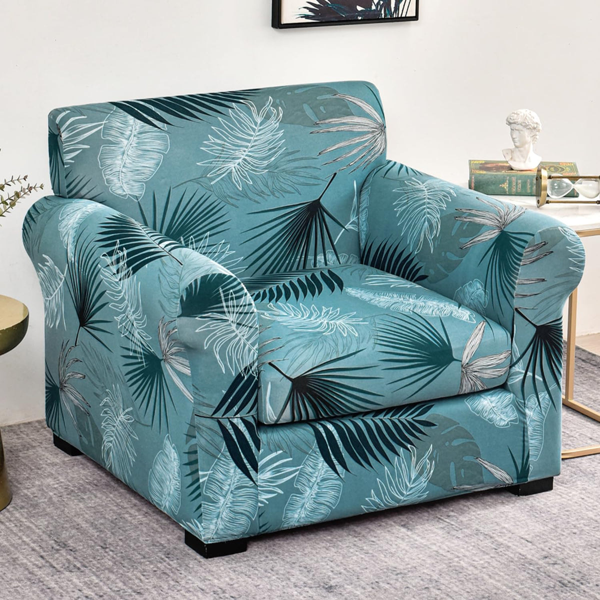 Printed Stretchable Sofa Slipcover with 1/2/3 Pc Separate Seat Cushion Cover for each 1/2/3 Seater, Aqua Palm Whisper