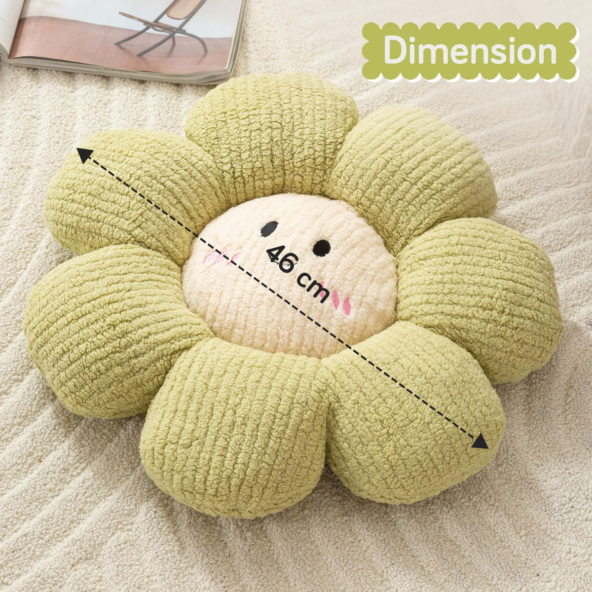 HOKIPO Smiley Flower Plush Throw Pillow for Sofa Couch Bed | Soft Decorative Floral Cushion with Cute Face for Kids Room, Bedroom & Living Room - 46 cm, Pistachio Green (AR-6729-LGRN)