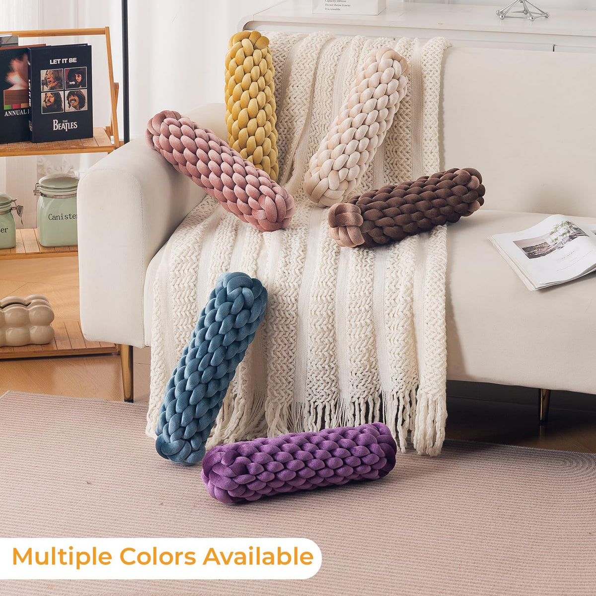 HOKIPO Braided Knot Bolster Cushion for Sofa, Chair & Bed, 45 cm, Beige