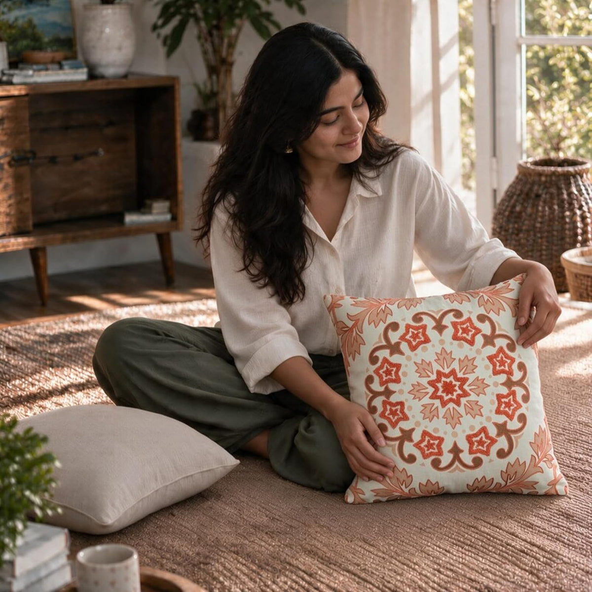 HOKIPO Bouclé Embroidery Cushion Cover , Coral Red, 16 x 16 in - image 7