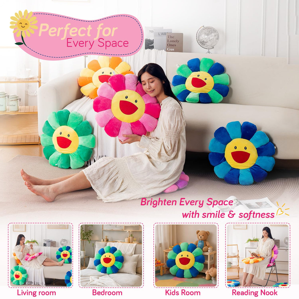 HOKIPO Smiley Sunflower Cushion for Sofa & Bed, 45 cm, Pink