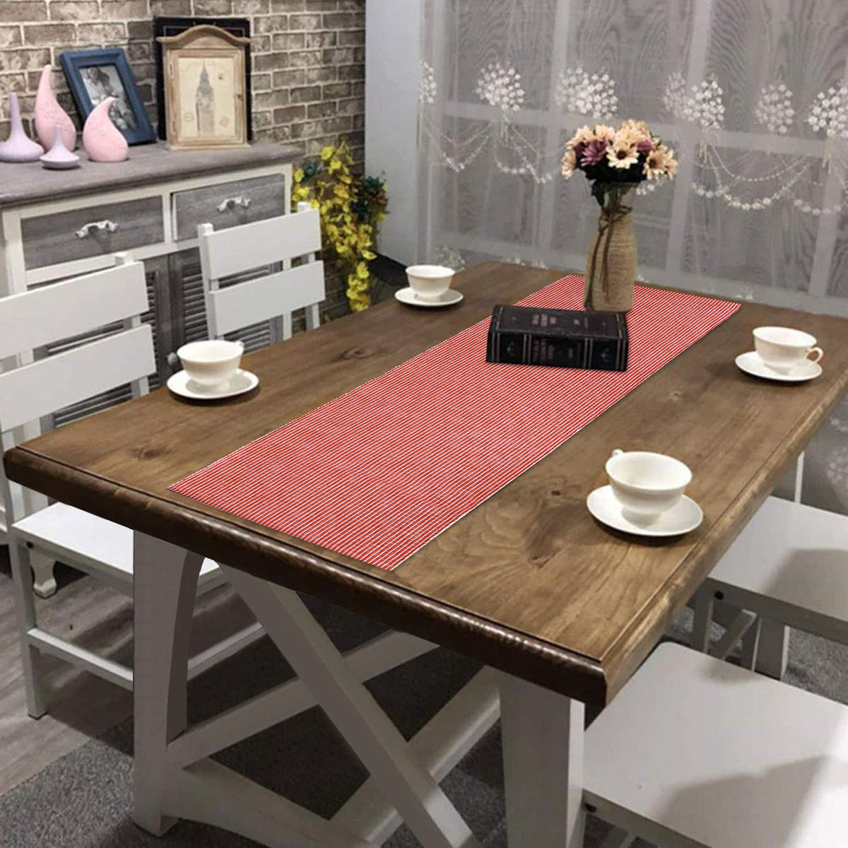 Buy Red Colour Cotton Ribbed table runner for dining table | HOKIPO