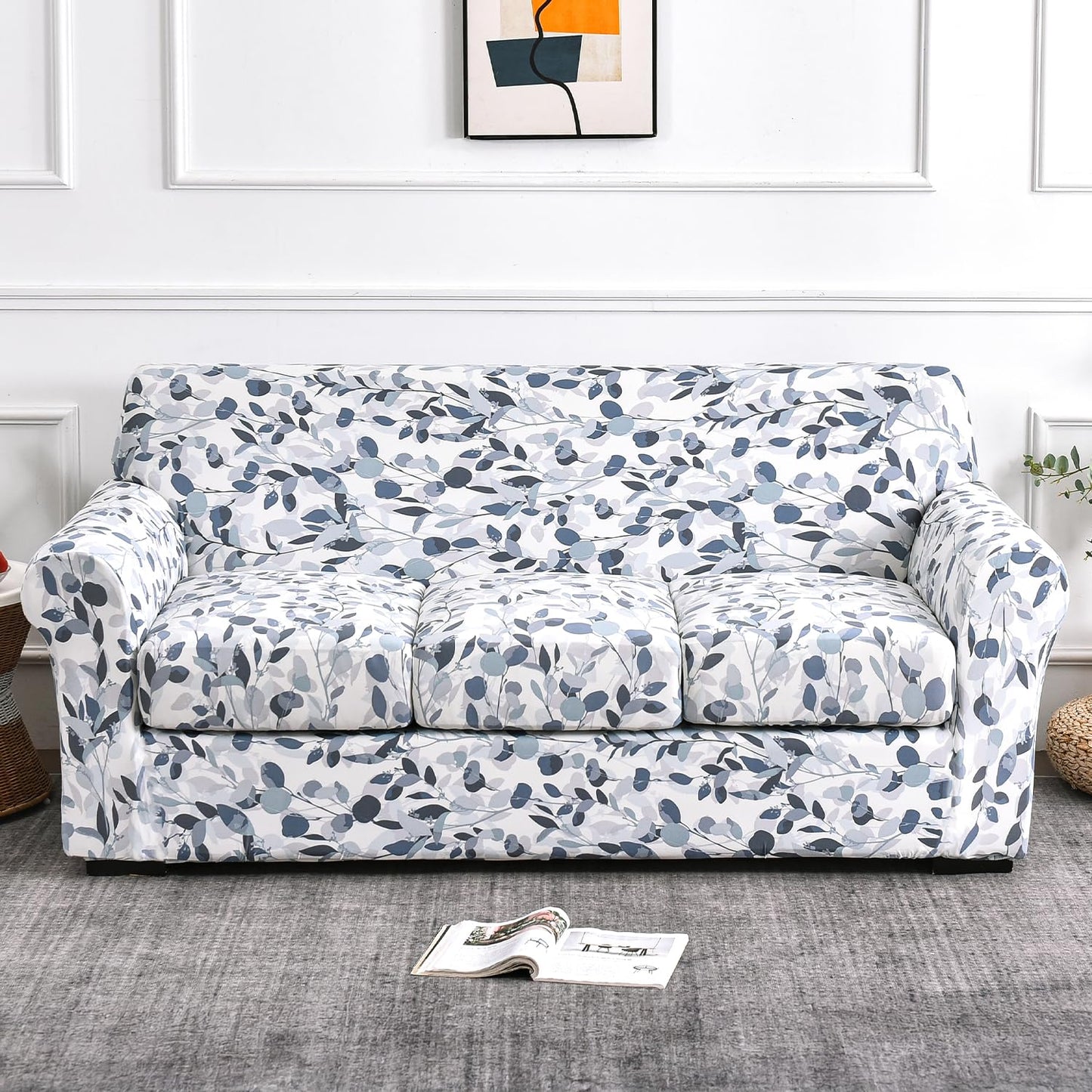Printed Stretchable Sofa Slipcover with 1/2/3 Pc Separate Seat Cushion Cover for each 1/2/3 Seater,Frost Blue Foilage