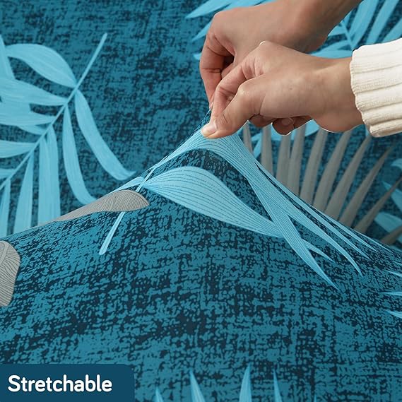 Stretchable 140 GSM Footstool Cover, Sea Blue Tropical Leaves