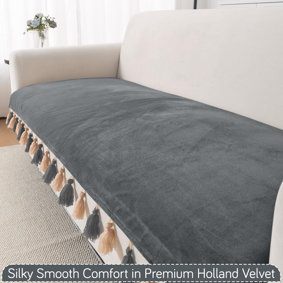 Premium Holland Velvet 5-Seater Sofa Cover (3+1+1), TasselTone Series | Graphite Grey