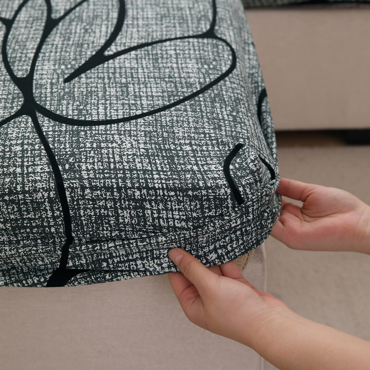 140 GSM Stretchable Printed Elastic Sofa Cushion Seat Cover for 1 /2 /3 Seaters / Pieces for Sofa, Intense Grey Abstract Floral