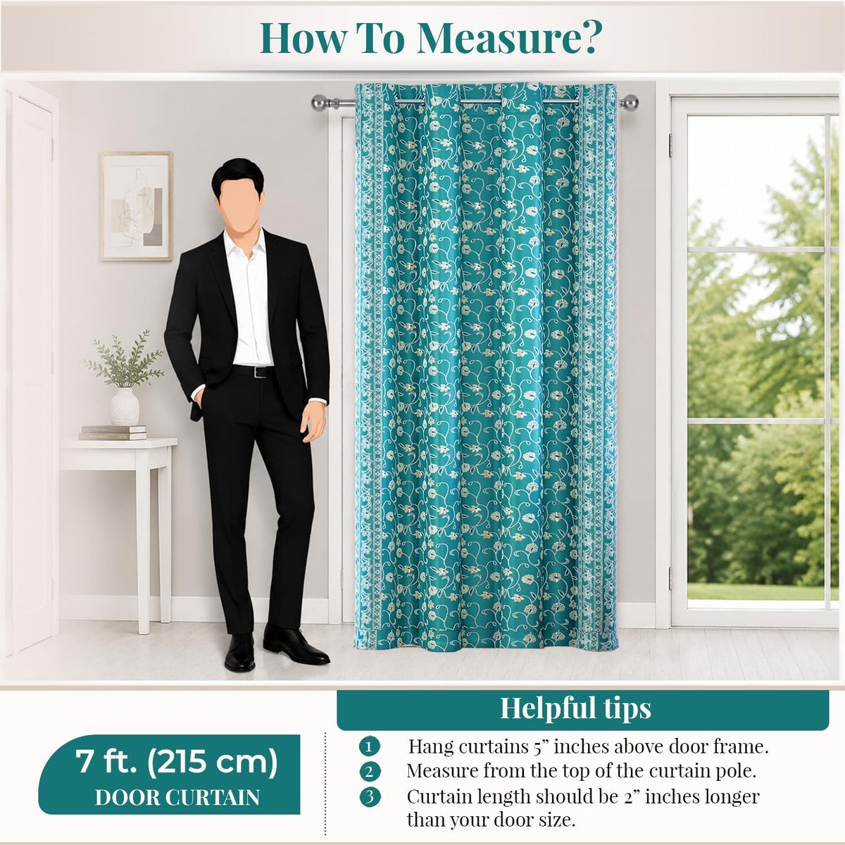 HOKIPO Shahi Bagh Eyelet Curtains, 7 Feet Long - Teal - image 8