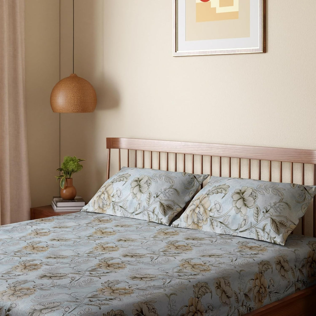 HOKIPO King Size Cotton Bedsheet, 2 Pillow Covers, Floral, Beige & Ivory - image 12