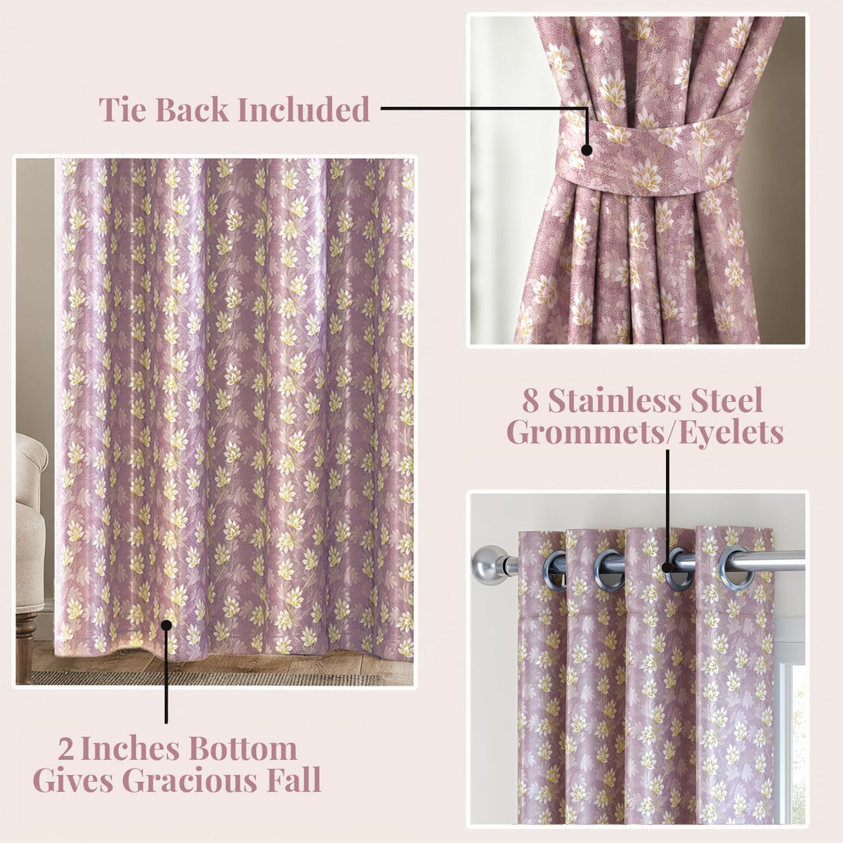 HOKIPO Vogue Shine Eyelet Curtains, 7 Feet Long - Misty Rose - image 4