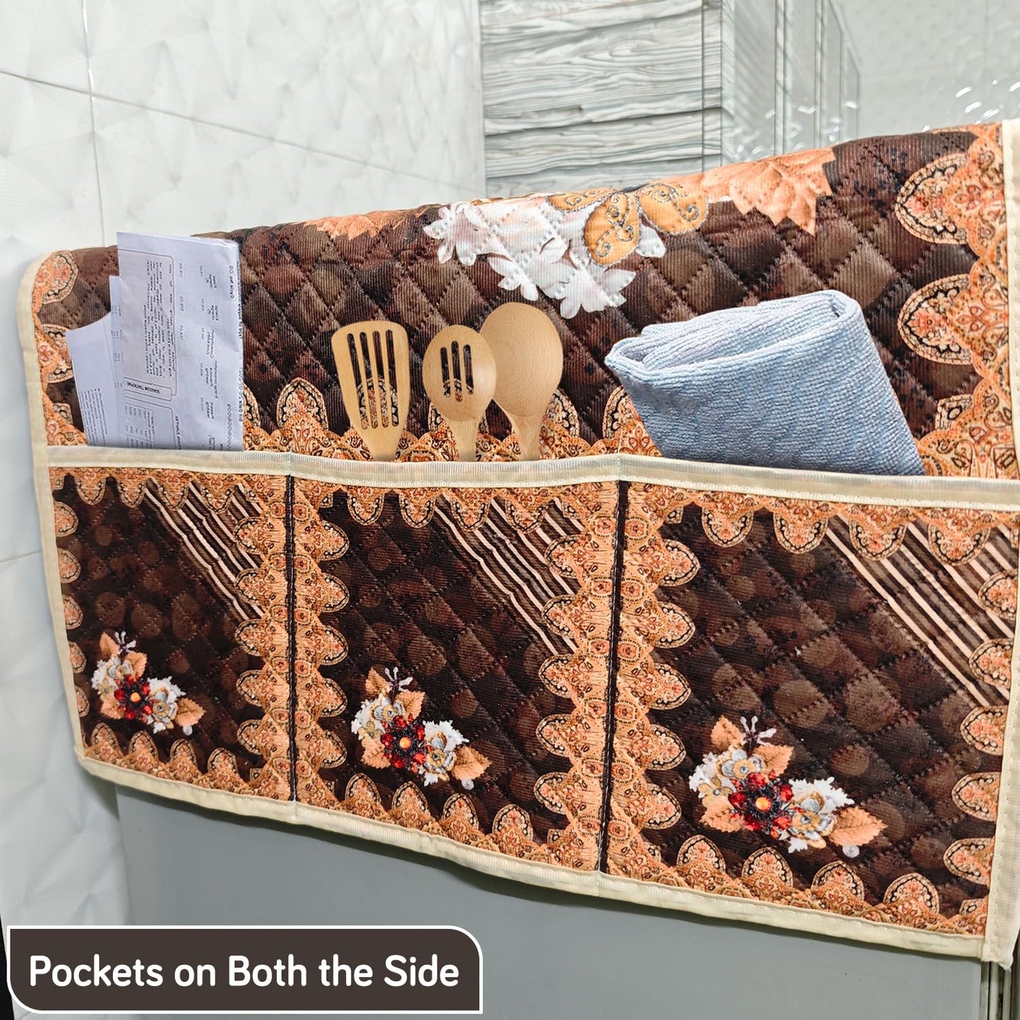 Eternal Floral Printed Quilted Fridge Top Cover with side Pockets - Golden Bloom