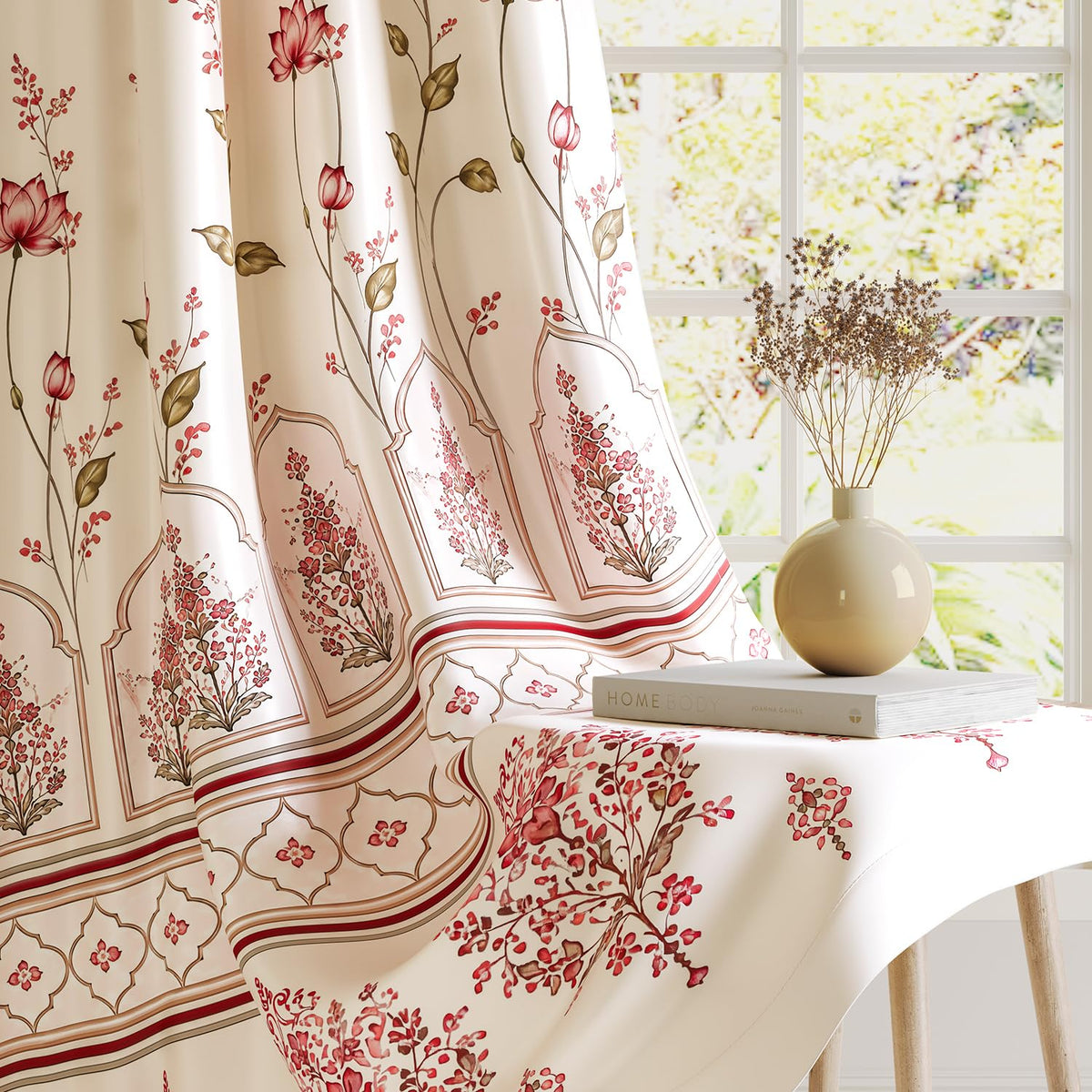 HOKIPO Harmony Printed Eyelet Curtains, 7 Feet Long - Lotus Arch