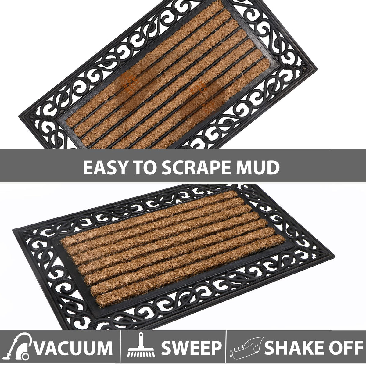 Natural Rubber Coir Rectangular Doormat with Designer Border, Anti-Slip Rubber Backing, 45x75 cm