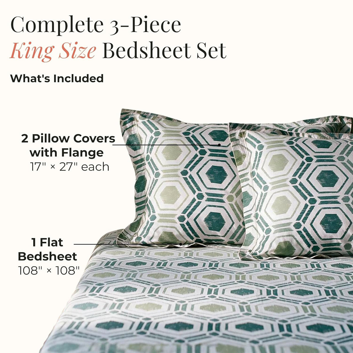 HOKIPO Geometric 180 TC Cotton Percale Flat Bedsheet, King Size, Green Teal - image 5