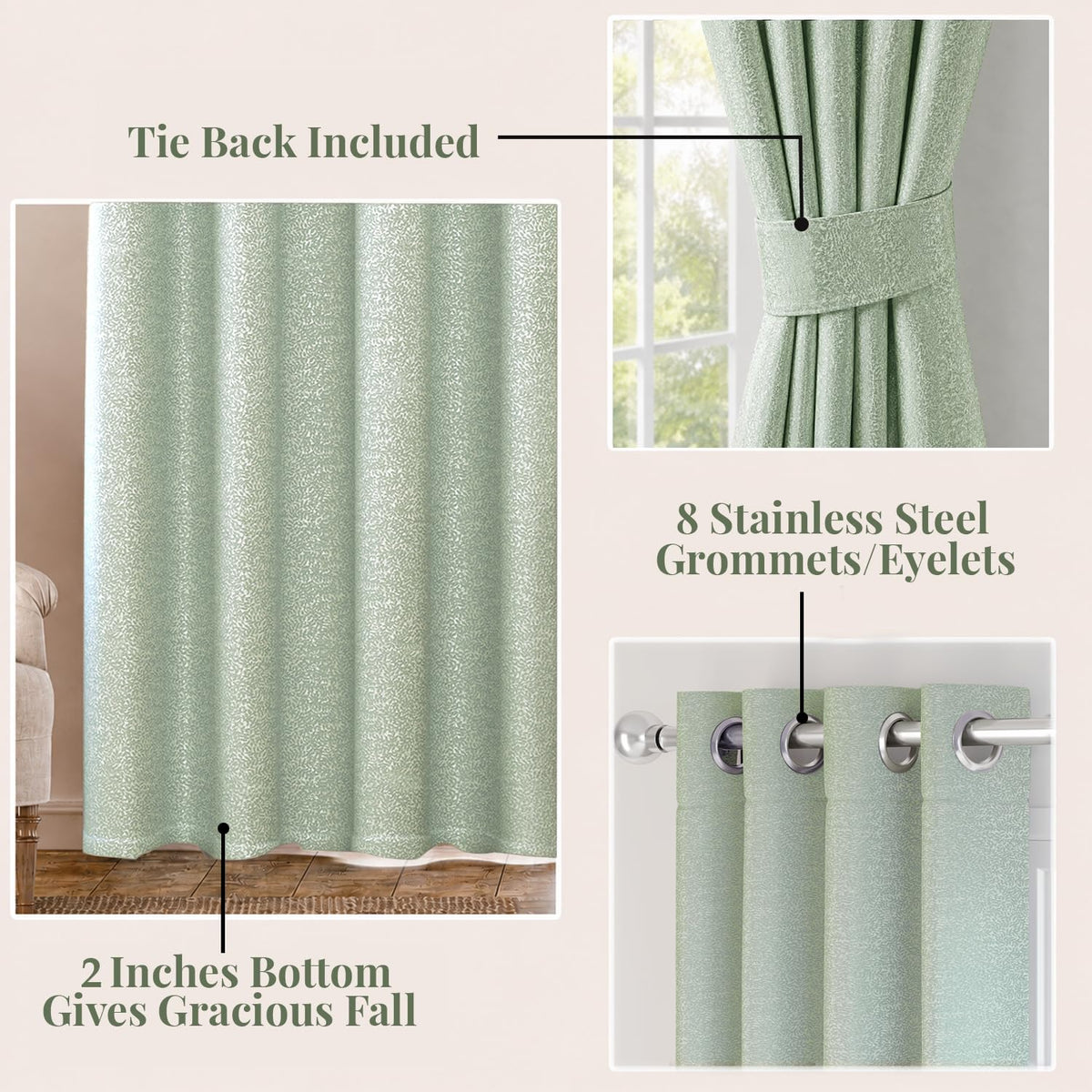 HOKIPO Eden Eyelet Curtains, 7 Feet Long - Sage Green - image 4