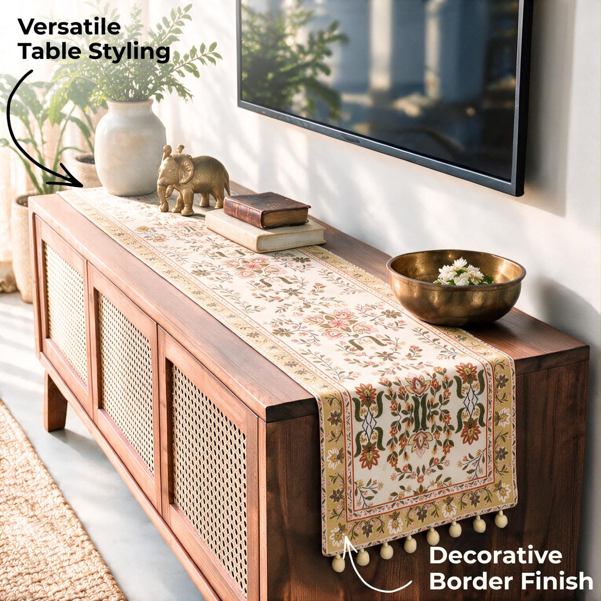 HOKIPO Garden Floral Printed & Embroidered Table Runner, Golden Tan - image 5