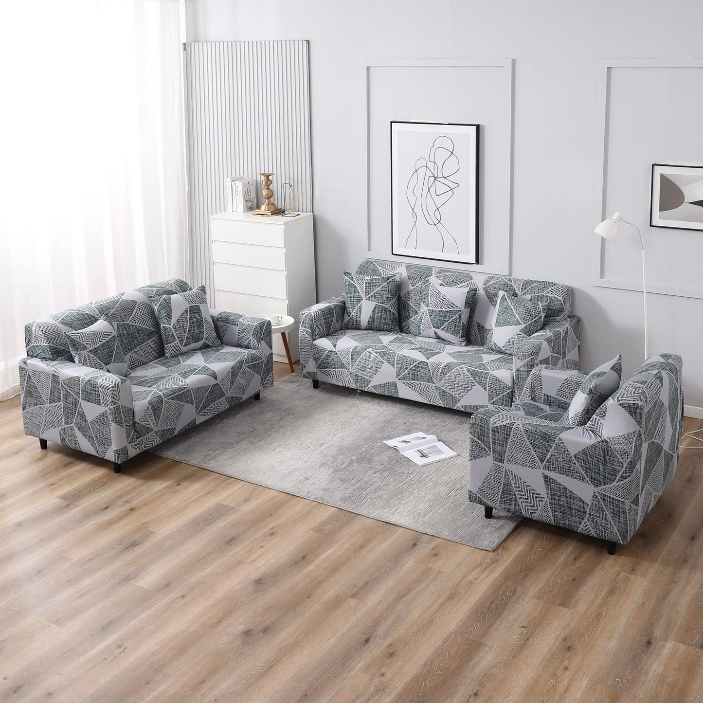 HOKIPO Stretchable Pack of 2 Cushion Cover 16x16 inch, Grey Geometric Abstract