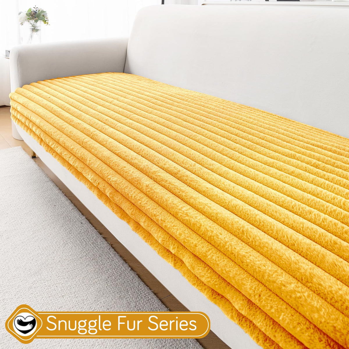 Faux Rabbit Fur Sofa Cover Combination Set, 'Snuggle Fur Series' Mustard Yellow