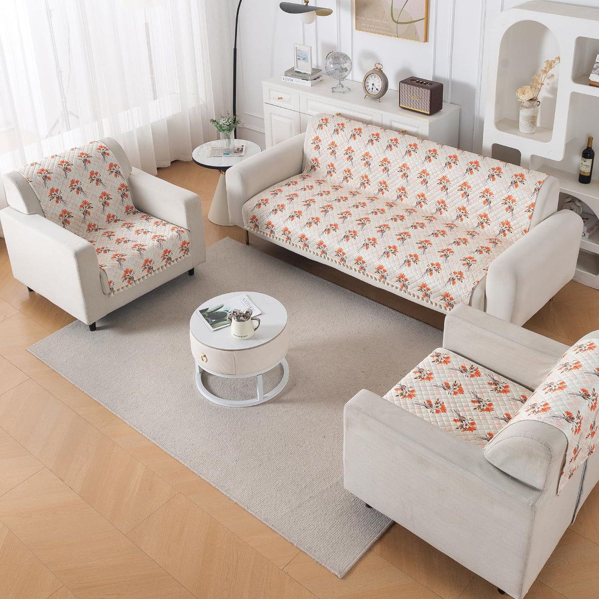 Quilted Sofa Cover 5-Seater Sofa Cover (3+1+1), Tassel Twigs | Autumn Blossom