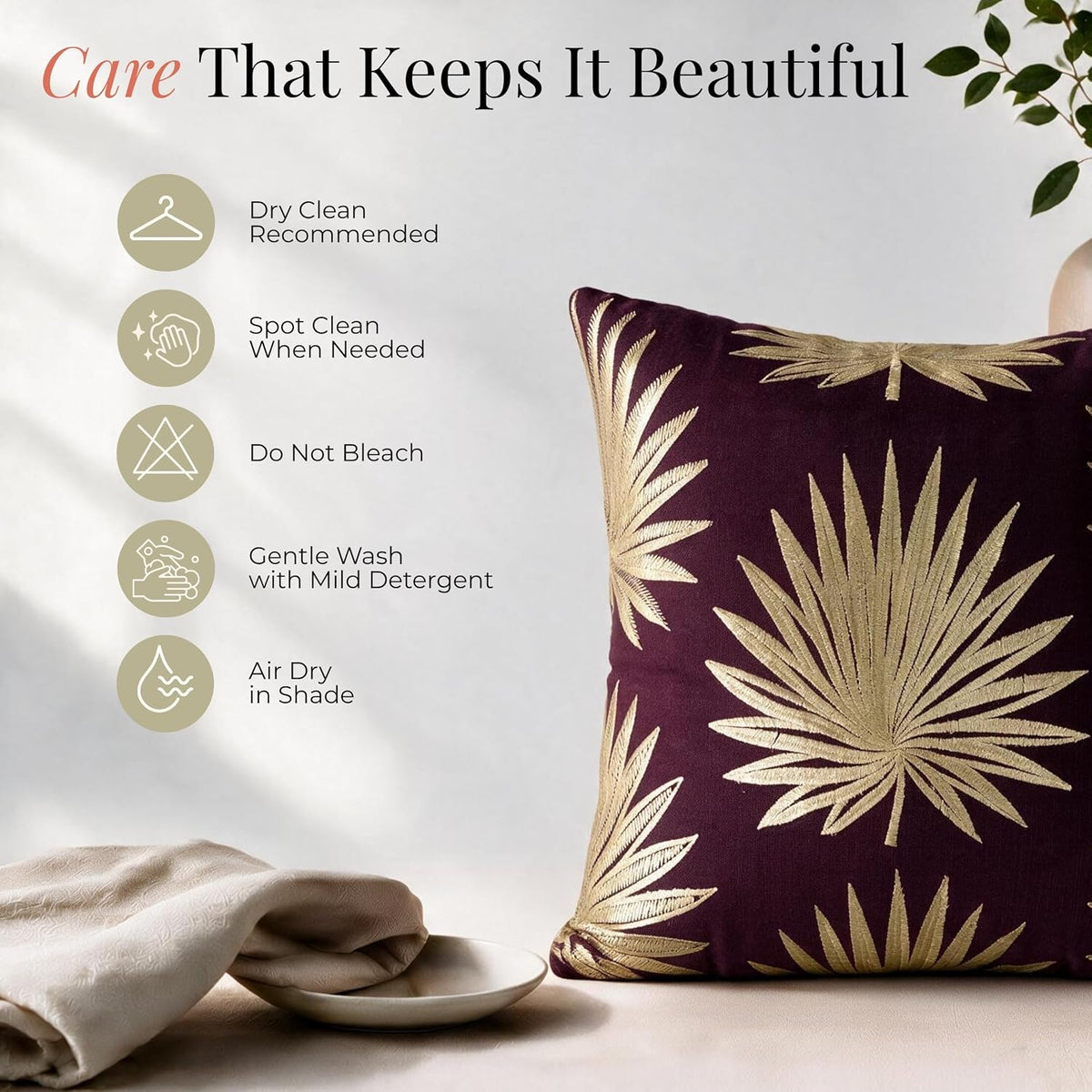 HOKIPO Embroidered Cushion Cover with Foil Print, Palm Leaf Burgundy, 16 x 16 in - image 6