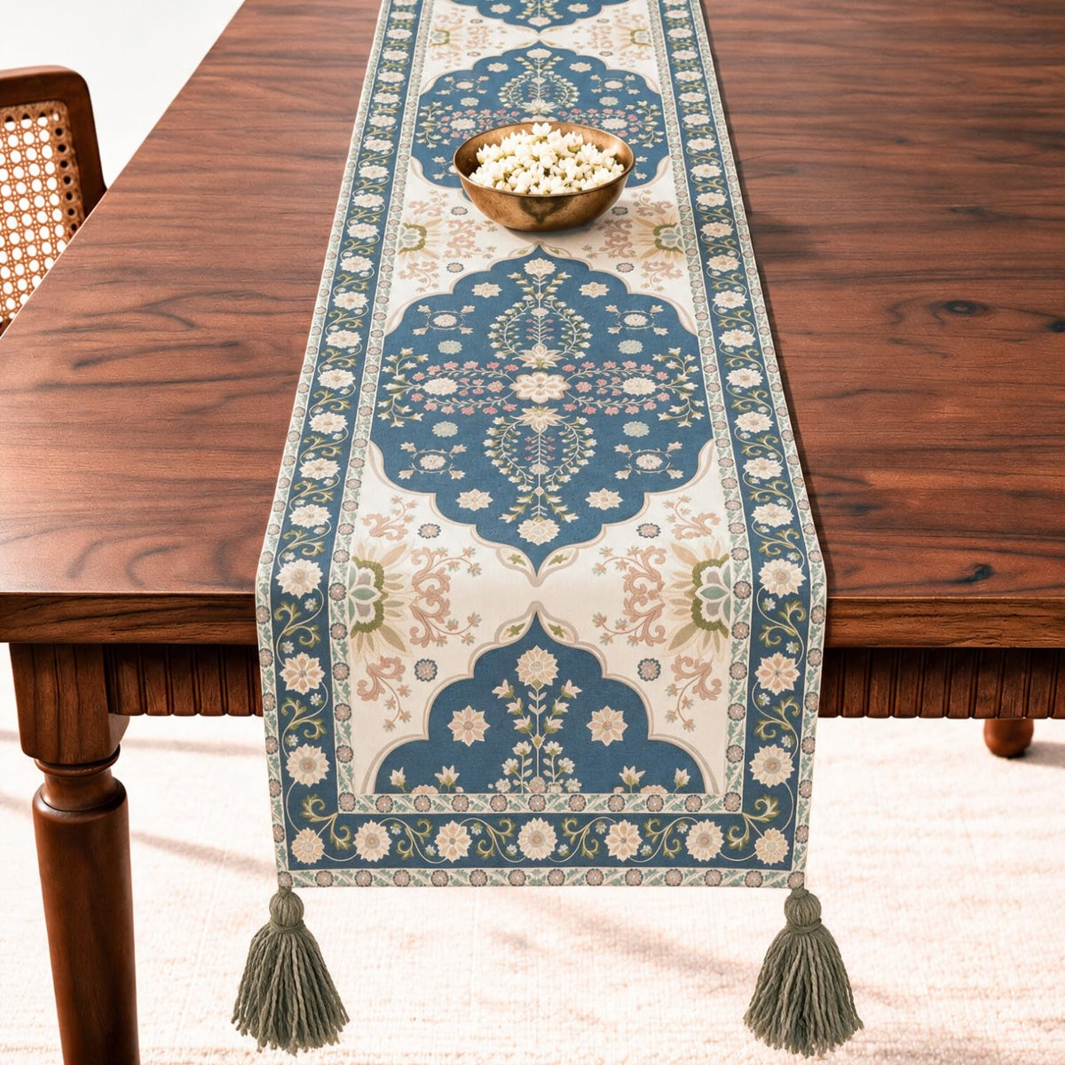 HOKIPO Heritage Pattern Printed & Embroidered Table Runner, Navy Blue - image 1