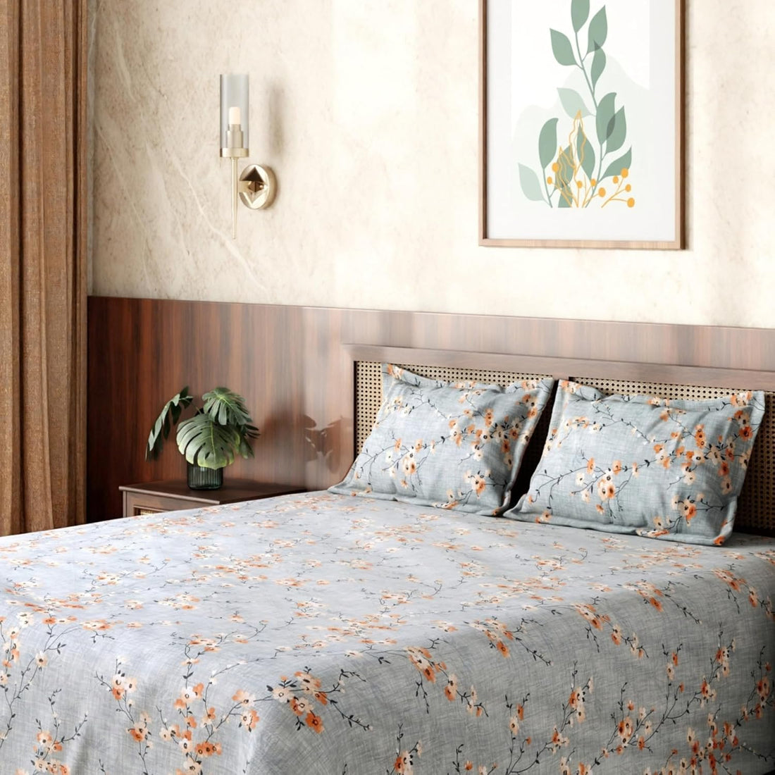 HOKIPO King Size Cotton Bedsheet, 2 Pillow Covers, Sage Sprigs, Sage Blue - image 1