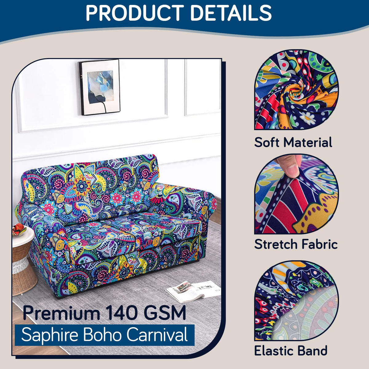 Printed Stretchable Sofa Slipcover with 1/2/3 Pc Separate Seat Cushion Cover for each 1/2/3 Seater, Saphire Boho Carnival