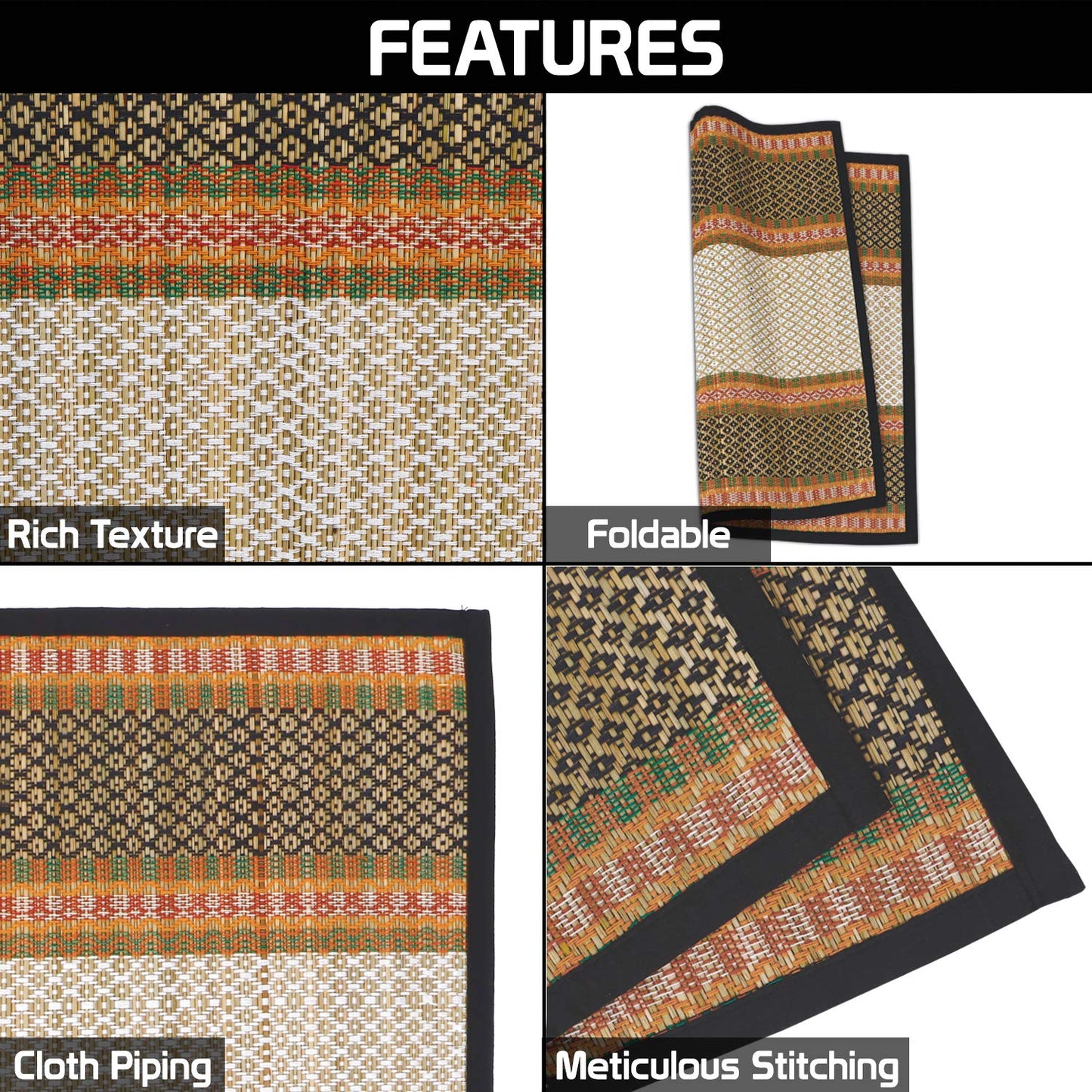 Natural River Grass Handcrafted Pooja Floor Mats/Meditation Prayer Mat/Sittting Mat/Aasan Mat Chatai for Pack of 2/4/6/8, Black