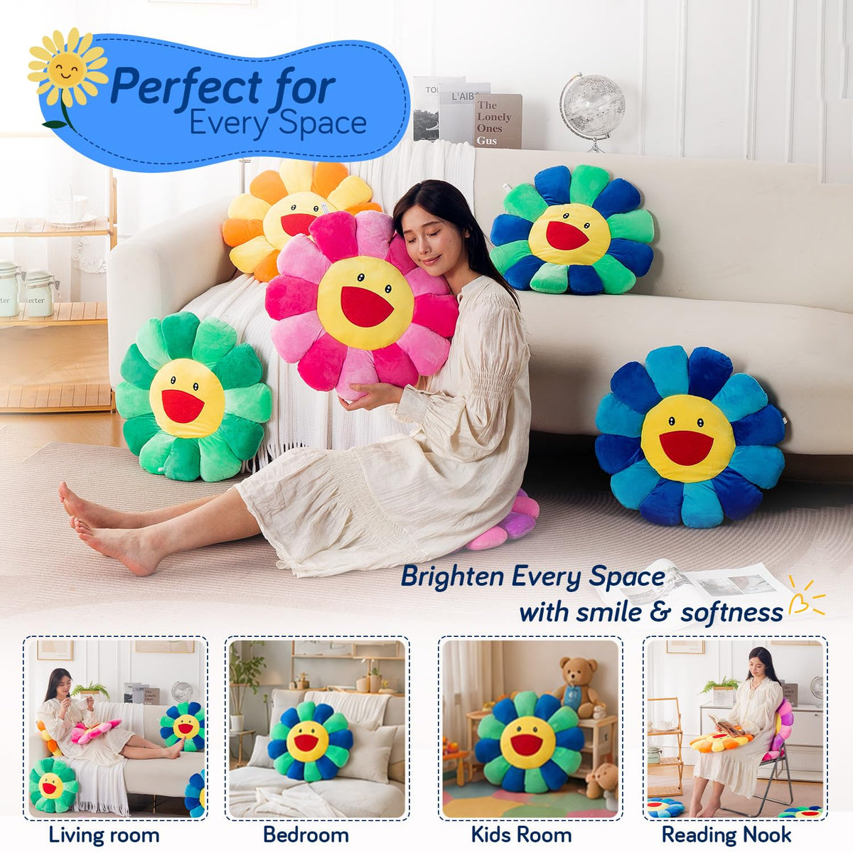 HOKIPO Smiley Sunflower Cushion for Sofa & Bed, 45 cm, Blue