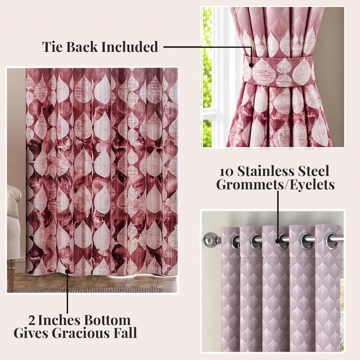 HOKIPO Twilight Curtains, 7 Feet Long - Raindrop Mosaic Rose Pink - image 3
